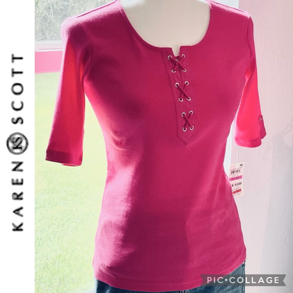 Lace Up Hot Pink Top, MWT Karen Scott Petites size PP